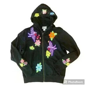 Embroidered Birds Floral Artisanal  Zip Up Hoodie size Medium